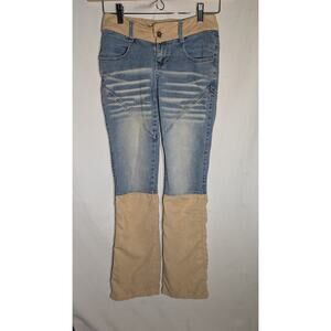 YOYO Vintage Juniors Distressed Flare Jeans Sz 1 Faux Suede Low Rise Western Y2K